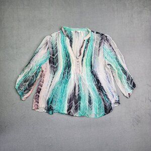 Paradigma Sheer Blouse Top Women's Medium Colorful Pleat Detail Boho Henley